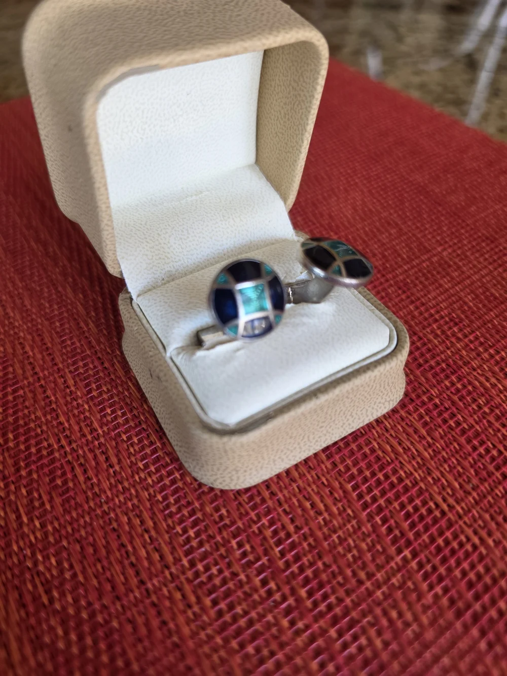 Silver Cufflinks with Green and Navy/Black Enamel - Modern Vibrant Vintage - EUC